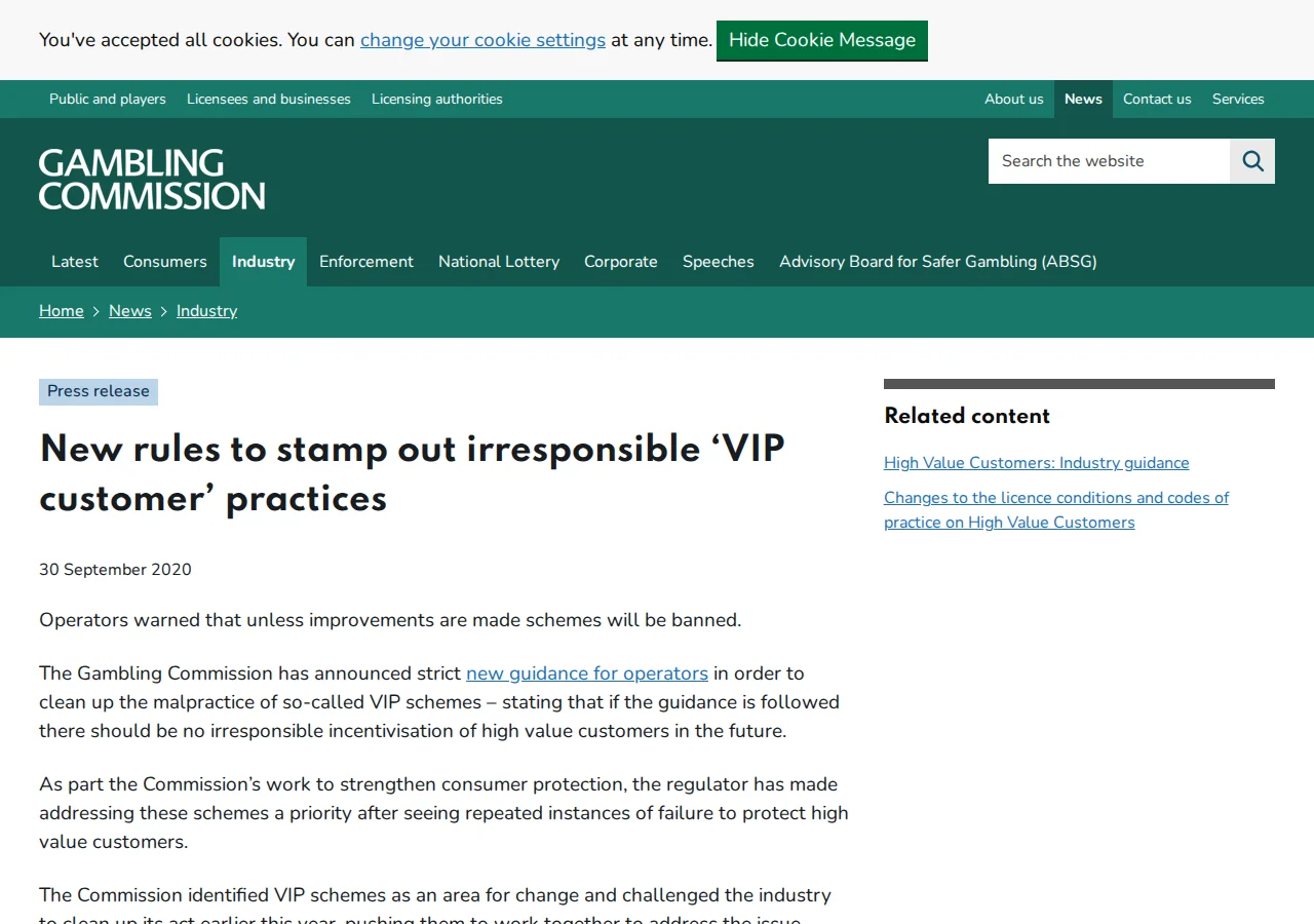 Screenshot of UK Gambling Commission VIP customer rules press release